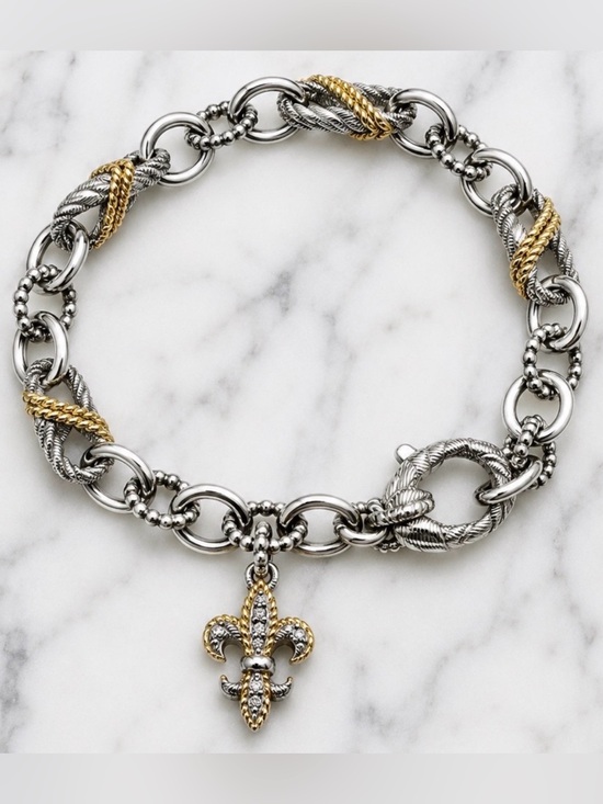 Judith Ripka Jewelry - Judith Ripka 925 Sterling Two-Tone Fleur-de-Lis Charm Bracelet 8” 29g CZ